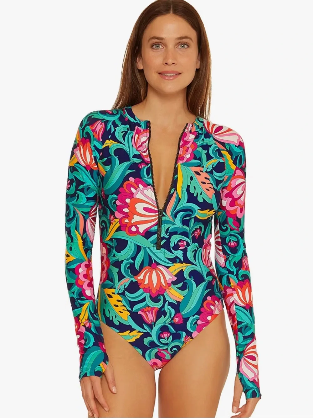 New Trina Turk Garden Teal Multicolor Floral Long-Sleeve One-Piece Swimsuit